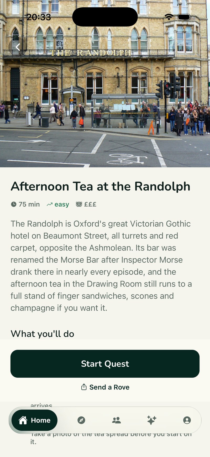 A ROVE quest detail screen for afternoon tea at The Randolph